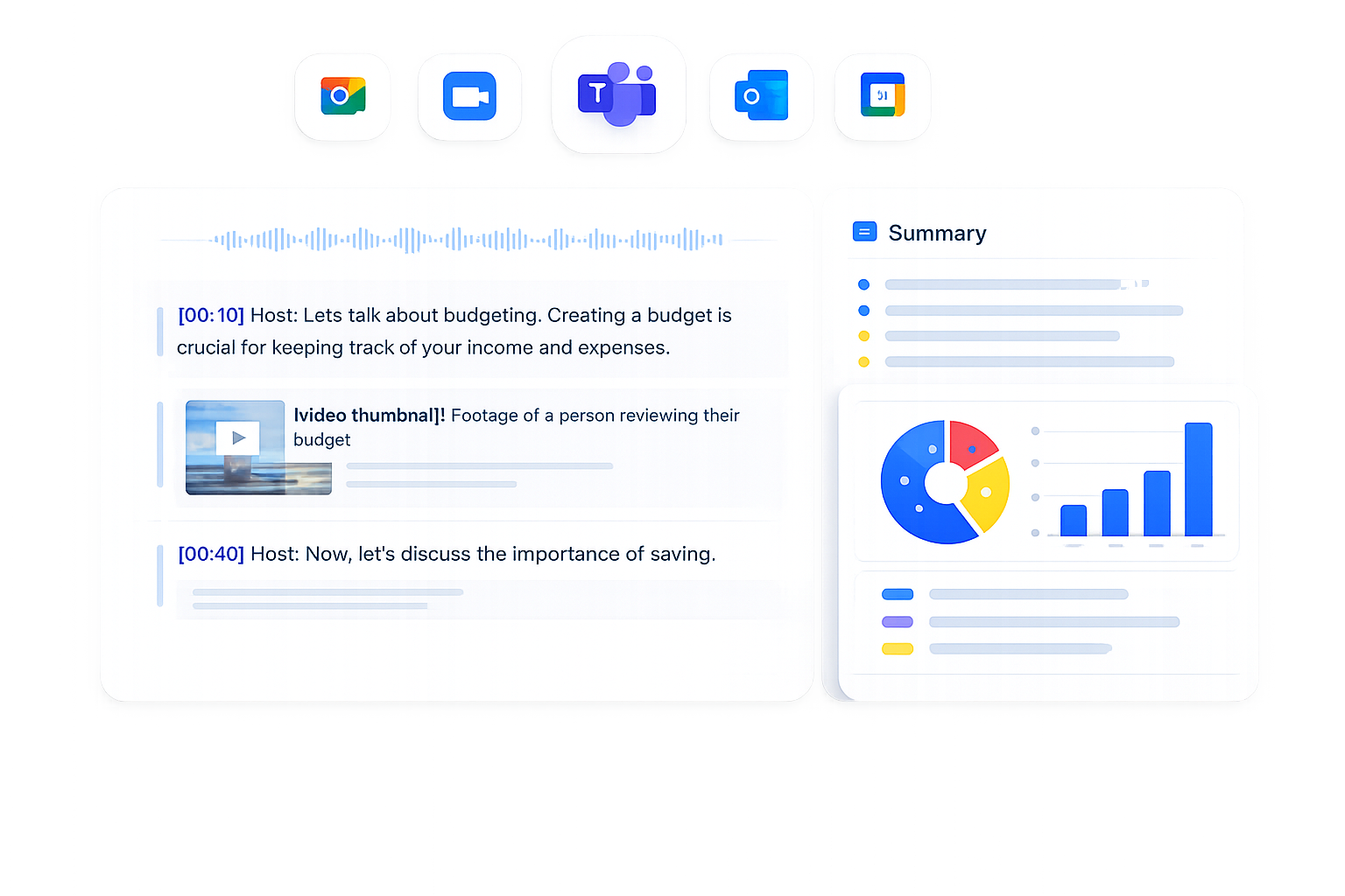 Calls and meetings interface showing meeting transcript, video thumbnail, summary with charts, and integration with Google Meet, Teams, Outlook, and other platforms